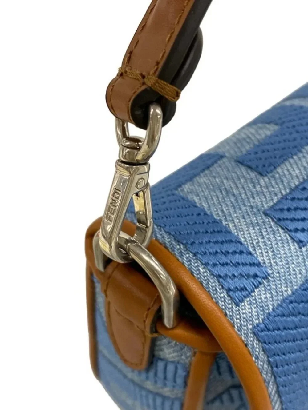 FENDI Baguette Mini 8BS017-AP4N Light Blue Brown Jacquard Leather Handbag